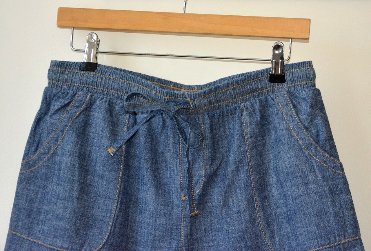 BLUE/GREY LIGHT DENIM ELASTICATED DRAWSTRING WAIST PAPERBAG SHORT S-M-L-XL-XXL