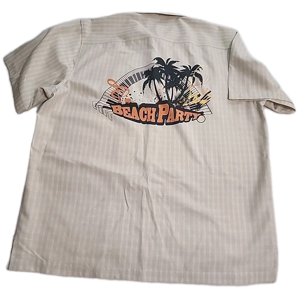 Havana Breeze Men’s L Beige White Plaid Beach Party Hawaiian Aloha Shirt Cruise