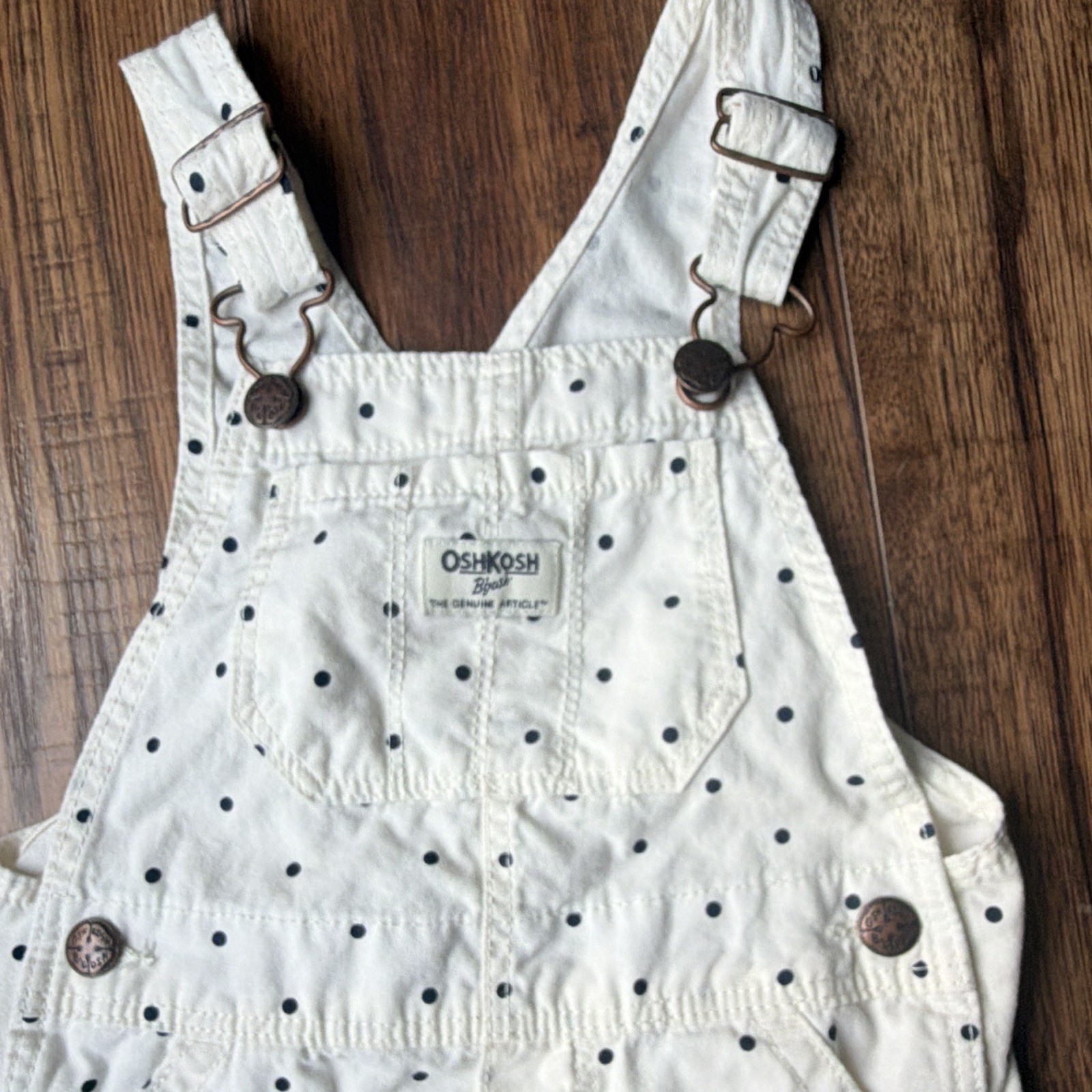 OshKosh B’gosh Girls 3T White/Black Polka Dot Denim Shortalls Pockets