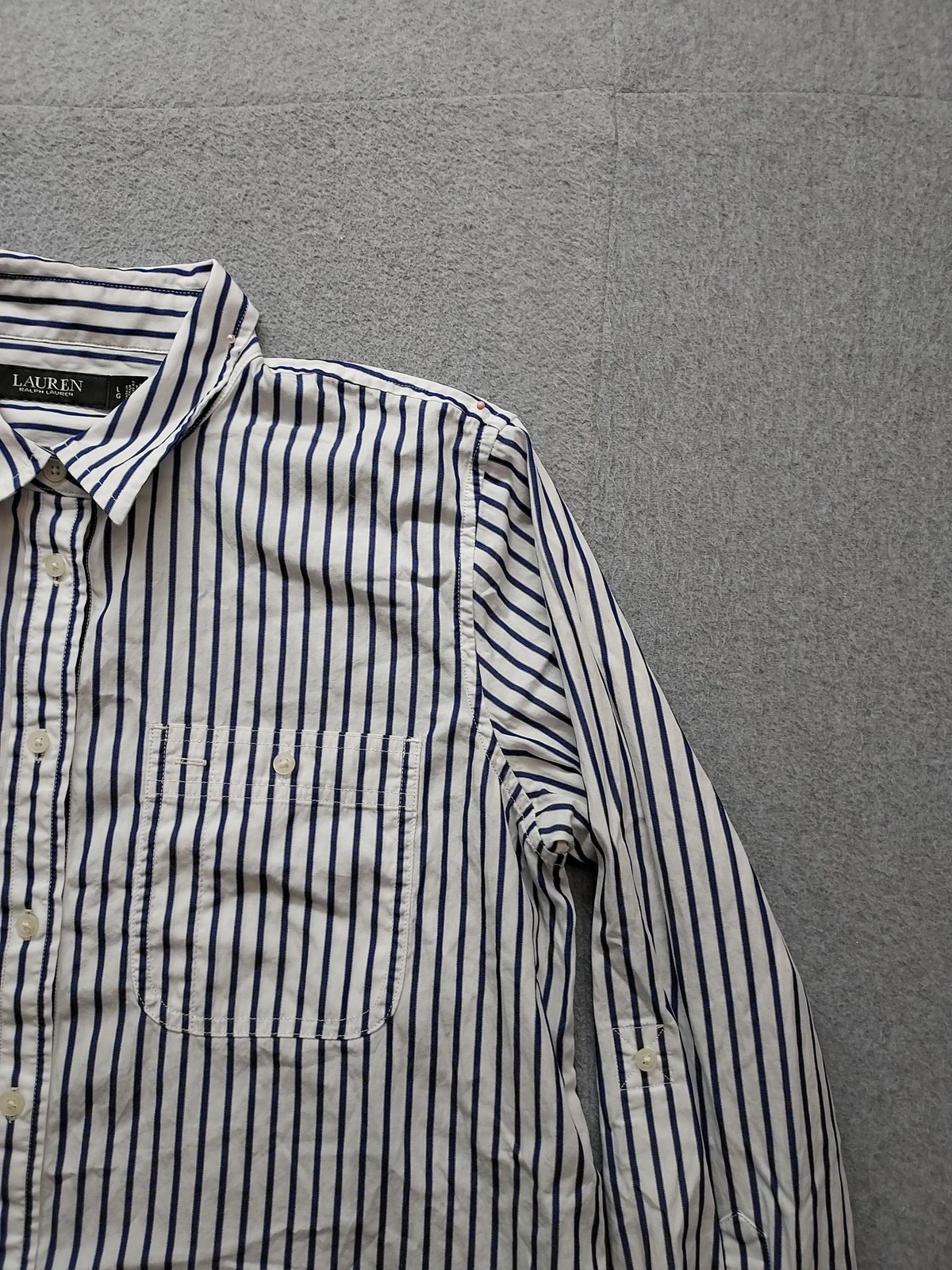 Lauren Ralph Lauren Shirt Womens Large White Blue Striped Button Up Long Sleeve