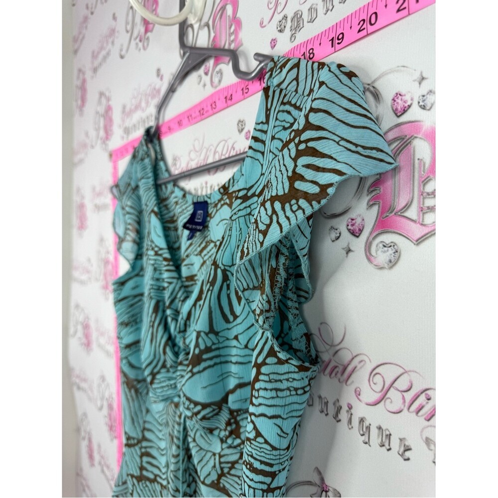 Reitmans y2k top Aqua & Brown Printed Wrap-Front Cap-Sleeve Top