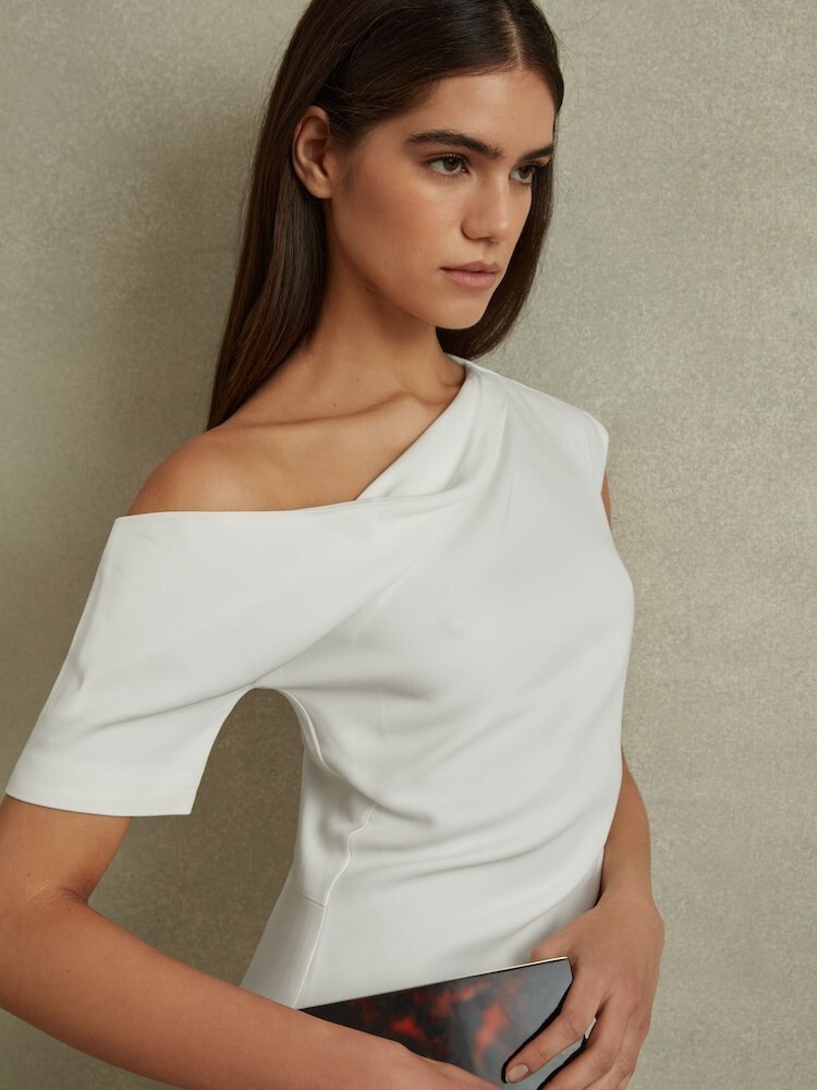 REISS Laurey Draped Bodycon Midi Dress in Ivory