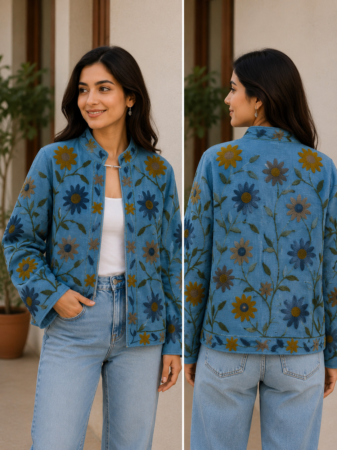 Indian Handmade Cotton Suzani Embroidered Jacket Women Boho Floral Ethnic Coat