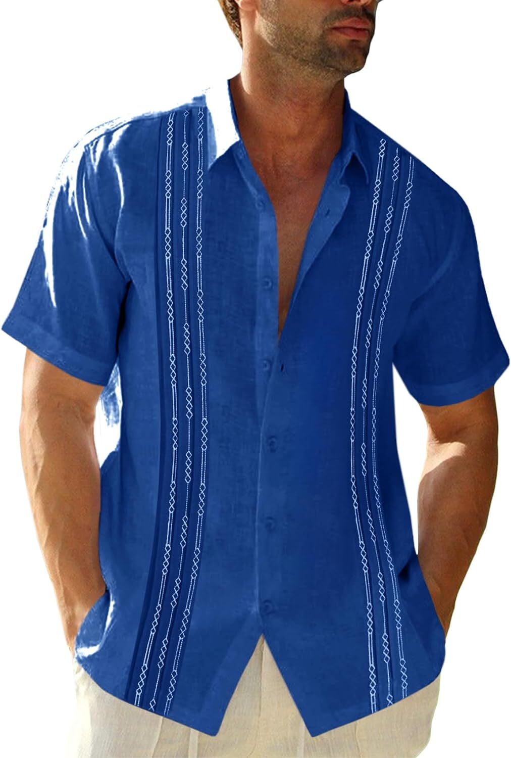 Mens Guayabera Shirt Linen Cotton Embroidered Short Sleeve Cuban Wedding Beach