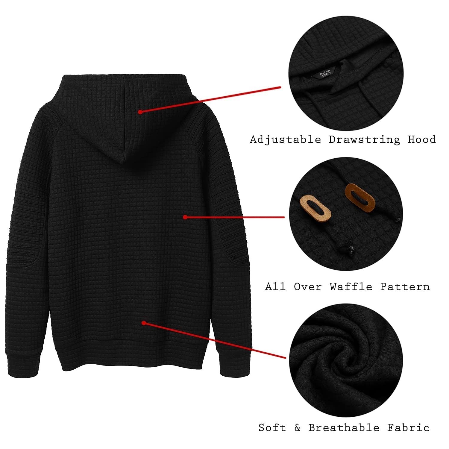 Men’s Casual Hoodies Long Sleeve Drawstring Hooded Pullover Waffle Knit Hooded