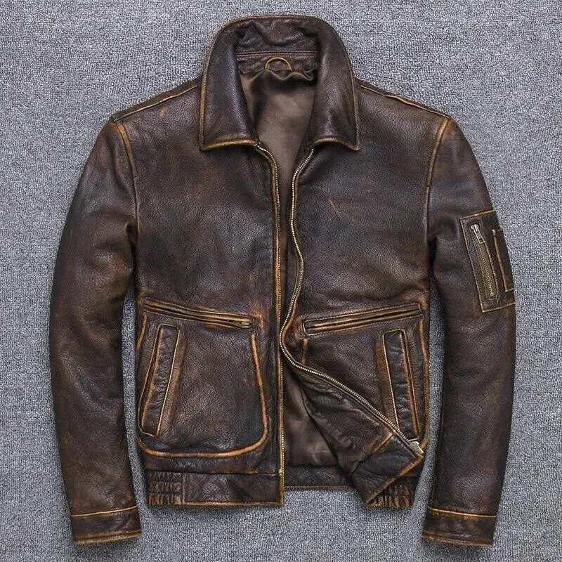 Men’s Vintage A2 Bomber AIR Force Style Waxed Tan Brown Real Leather Jacket