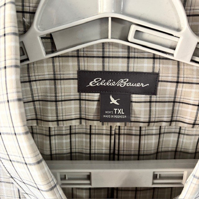 Eddie Bauer Beige White Micro Check Plaid Short Sleeve Button Shirt Preppy XL