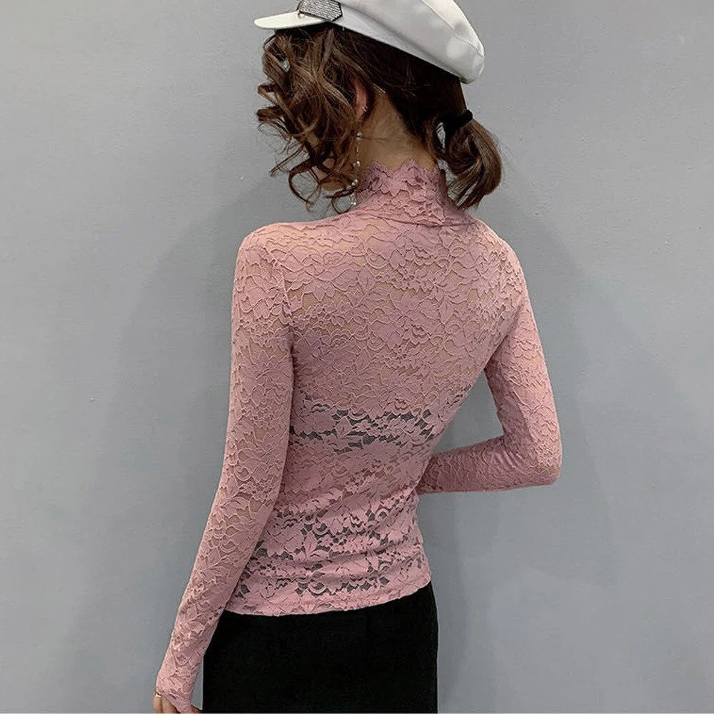 Women Lace Long Puff Sleeve Top Stretch Solid Turtleneck Blouse Casual