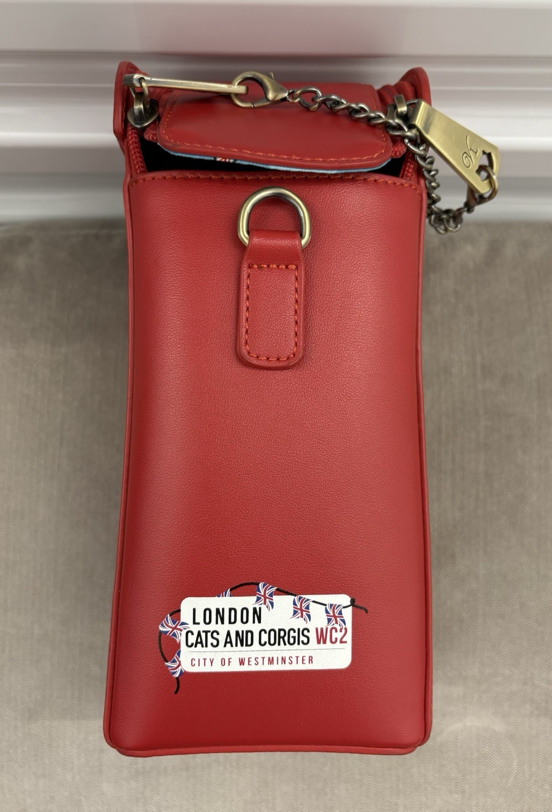 Vendula London Telephone Box Cats & Corgis Red Mini Crossbody Zip, Detach Strap