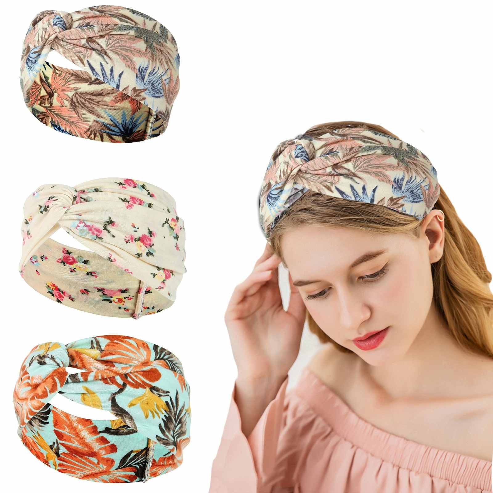 3pcs Womens Flower Printed Boho Twisted Wide Headband Turban Headwrap Hair Band