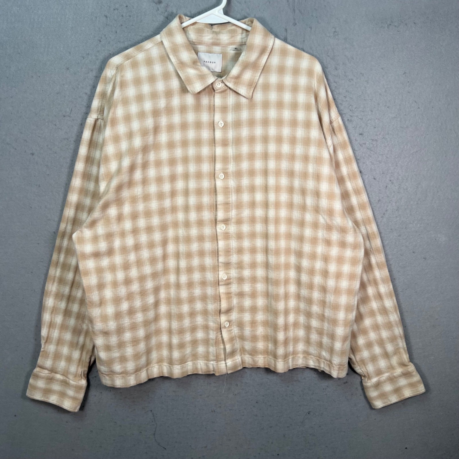 PacSun Beige & White Plaid Cotton Button-Up Shirt Mens Size XL