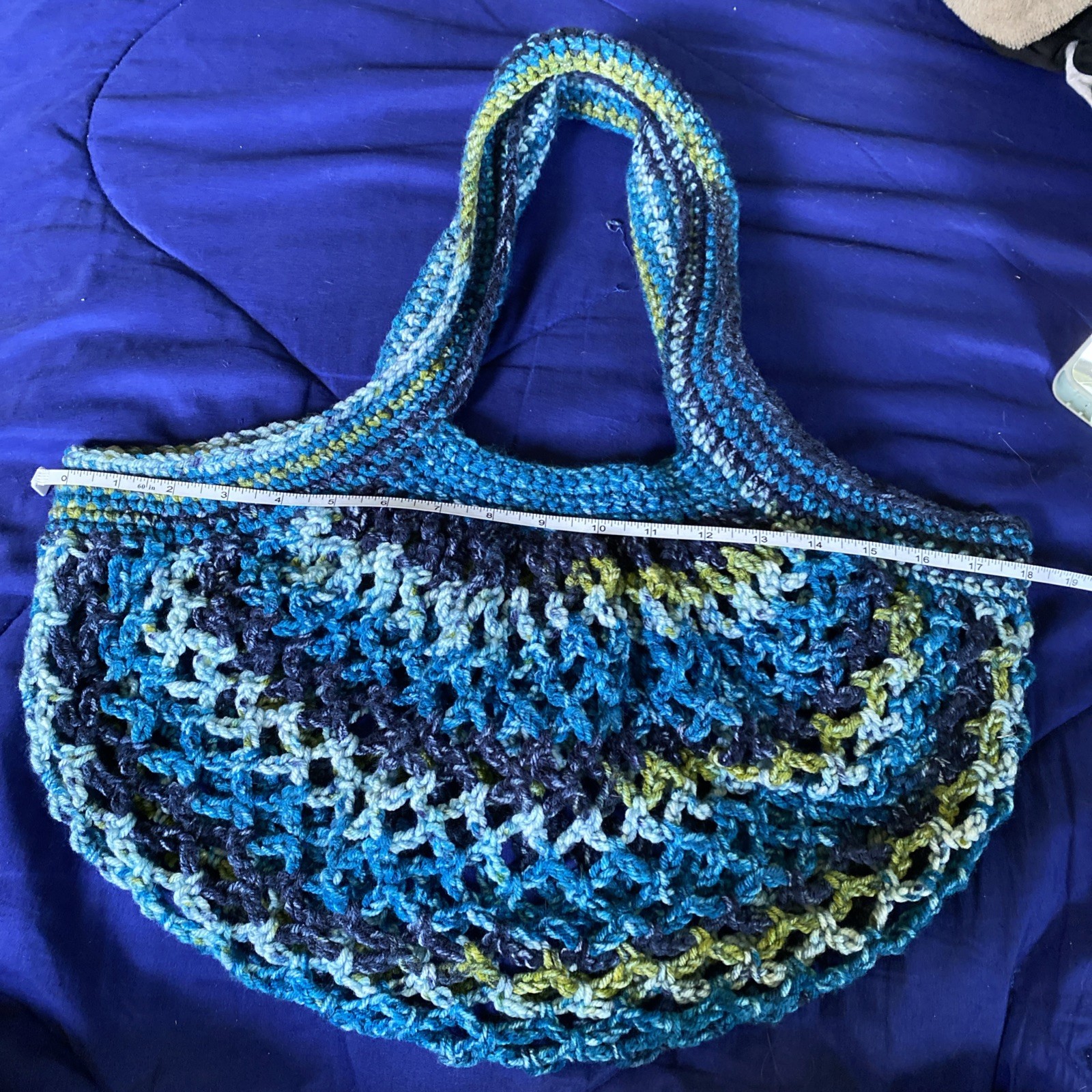 Medium Handmade Crocheted French Mesh Market Bag Blue|Green