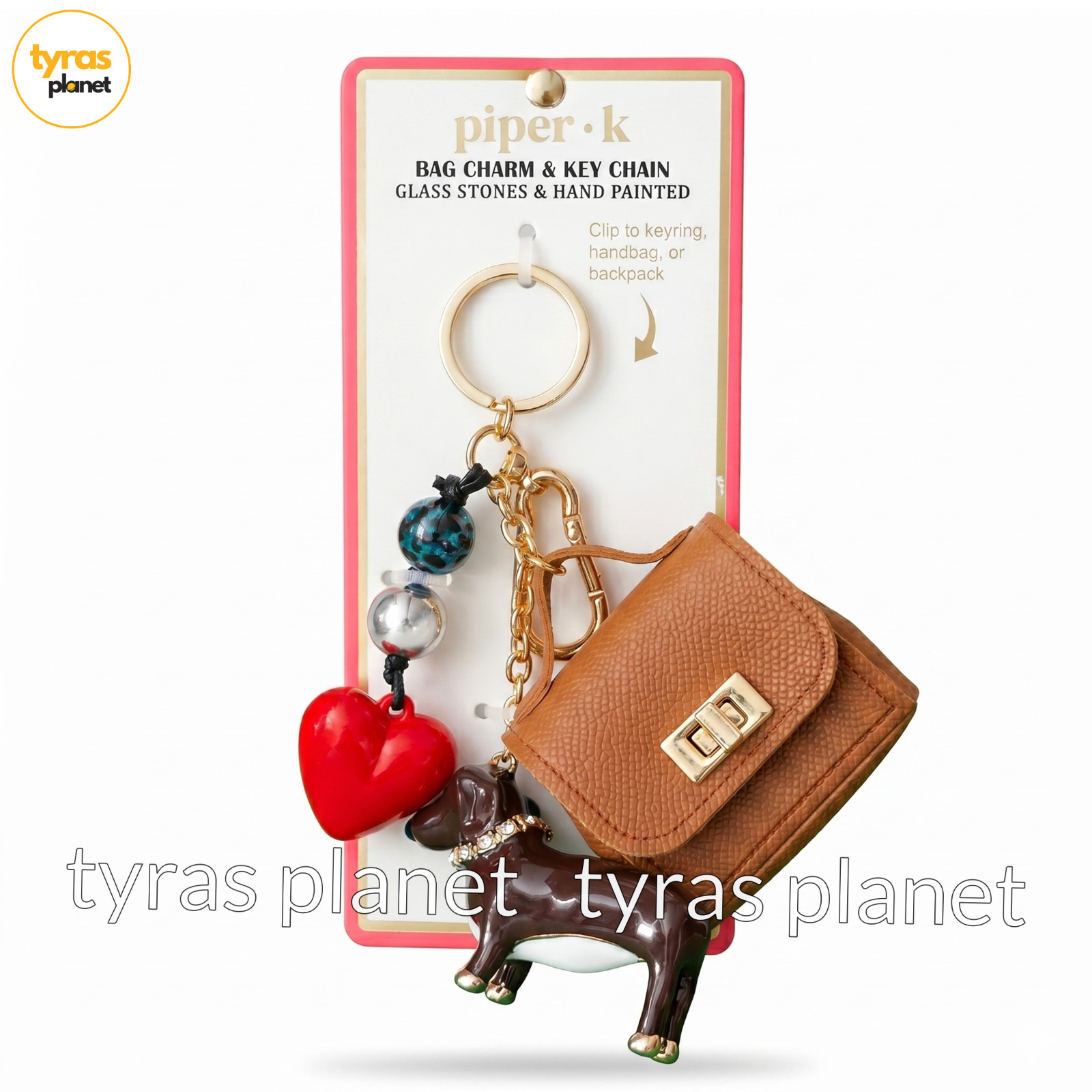 Piper K Glass Stone Hand Painted Dachsund Heart Bag Charm Keychain