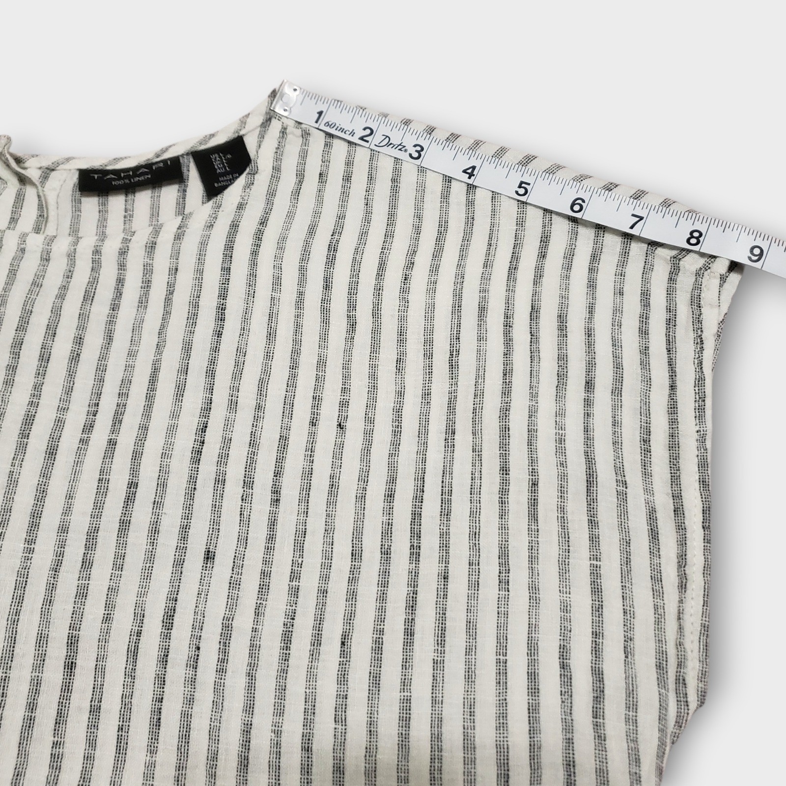 Tahari Linen Boxy Crop Top Cap Sleeve Button Decor White Black Stripe Large