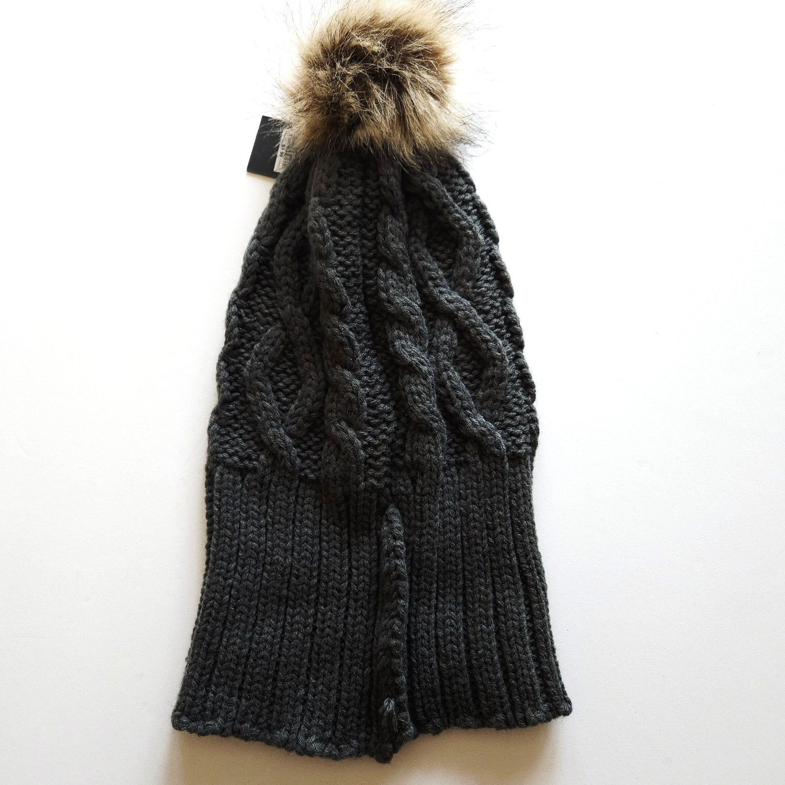 Grey Cable Knit Hat with Fluffy Pom OS Beanie Cold Weather Cap Cottagecore