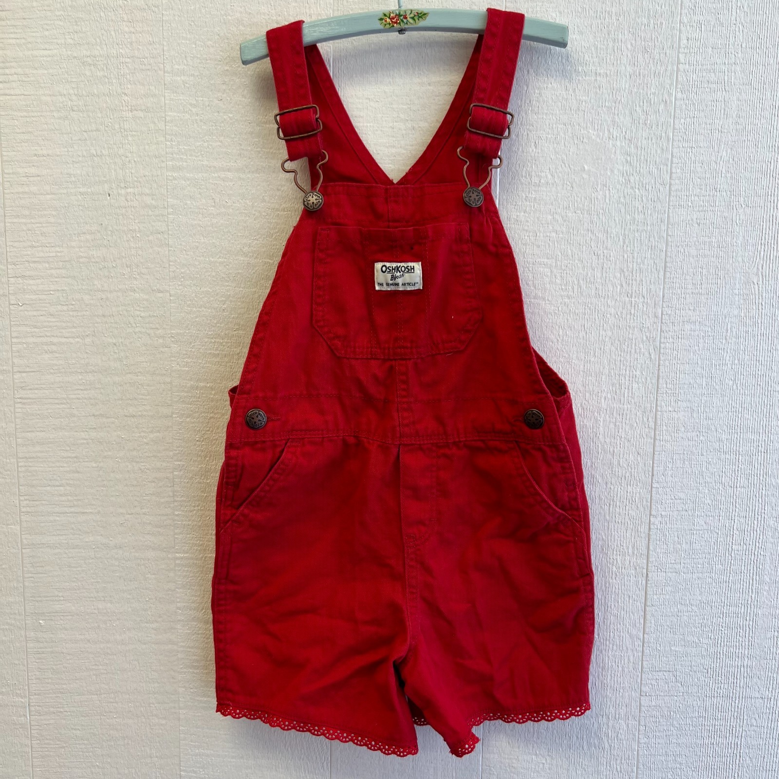 Vintage OshKosh B’Gosh Red Shortalls Girls Size 5T Lace Trim Overalls Romper