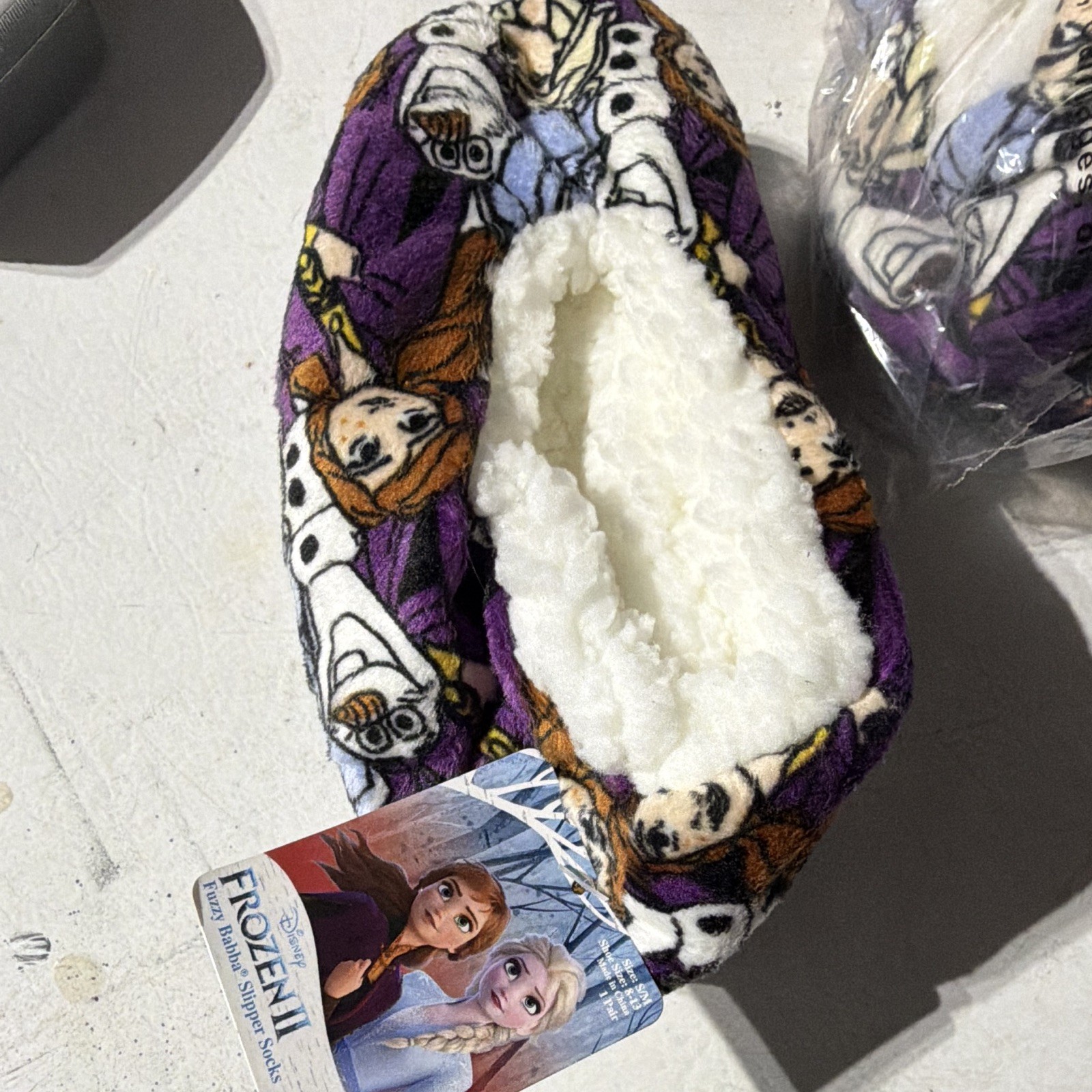 Disney Frozen Anna Elsa Olaf Plush Lined Pull-On Slippers Purple Girls 8-13.