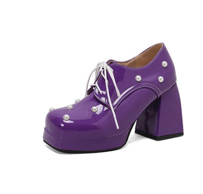 Women Square Toe Beaded Lace Up Pumps Candy Color Mary Jane Shoe Block Heel Pump