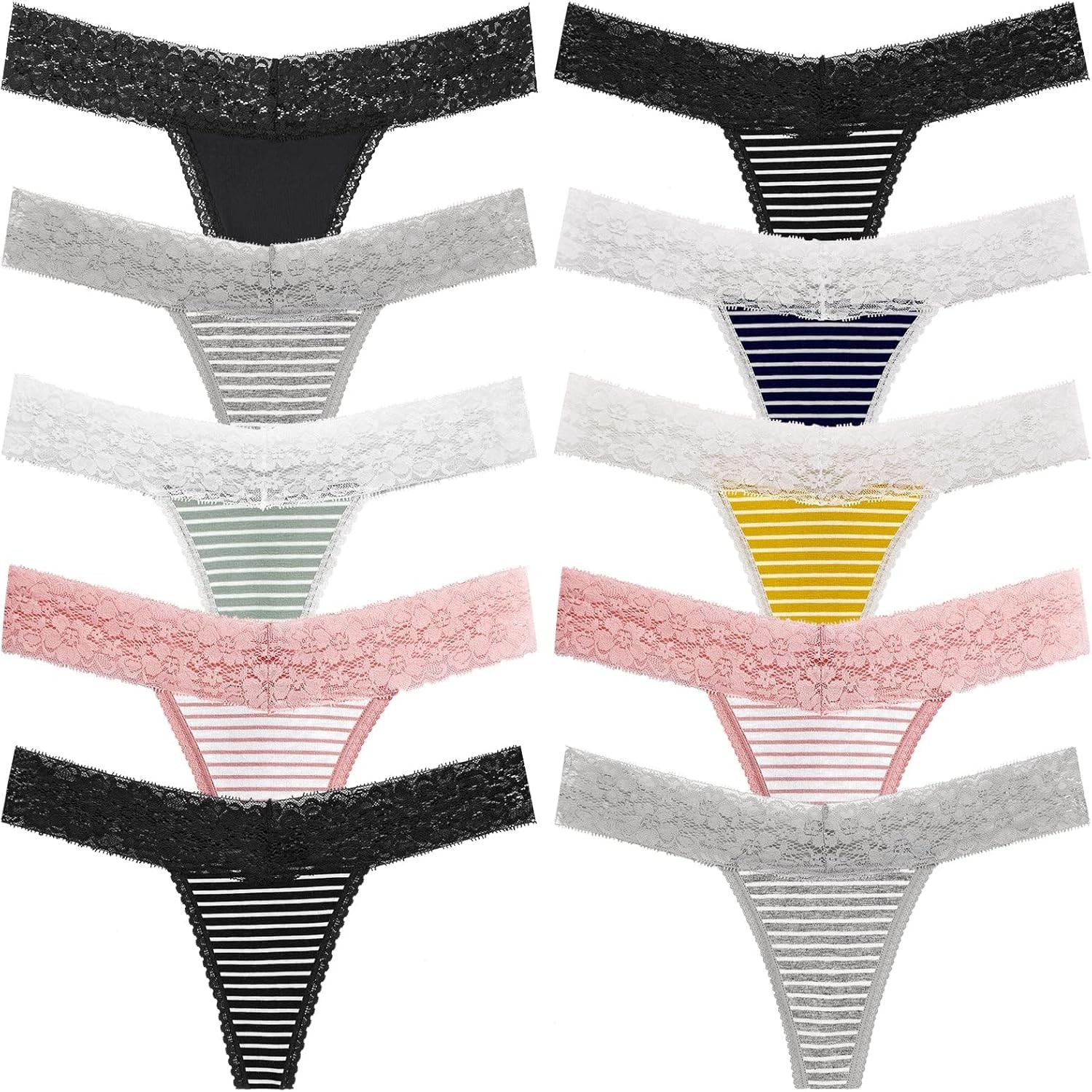 Lace Seamless Thong Panties for Women Low Waist T Back See Through Cotton