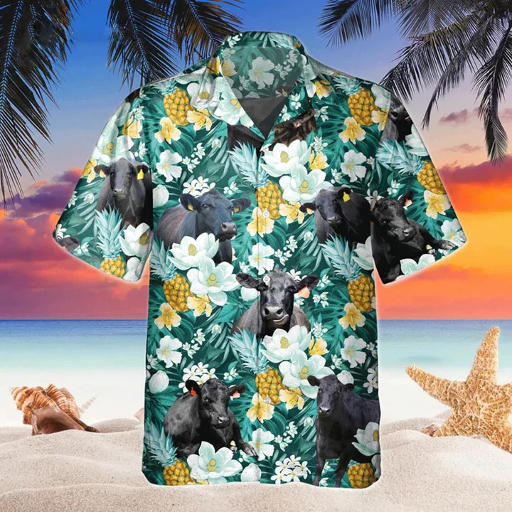 Black Angus Tropical Pineapple Fruit Trendy Hawaiian Shirt, Flowers Aloha Shirt