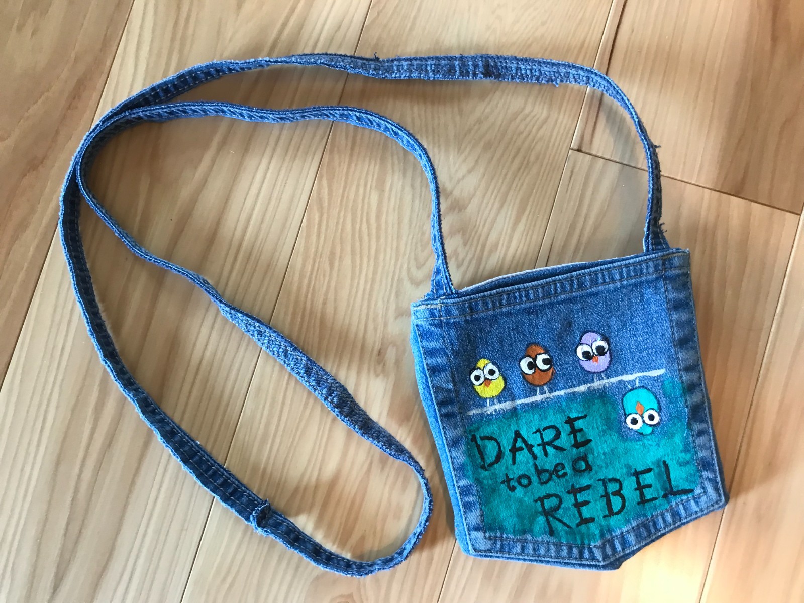 Crossbody Jean Purse, Handmade Over Shoulder Cell Phone Bag, Whimsical Birds