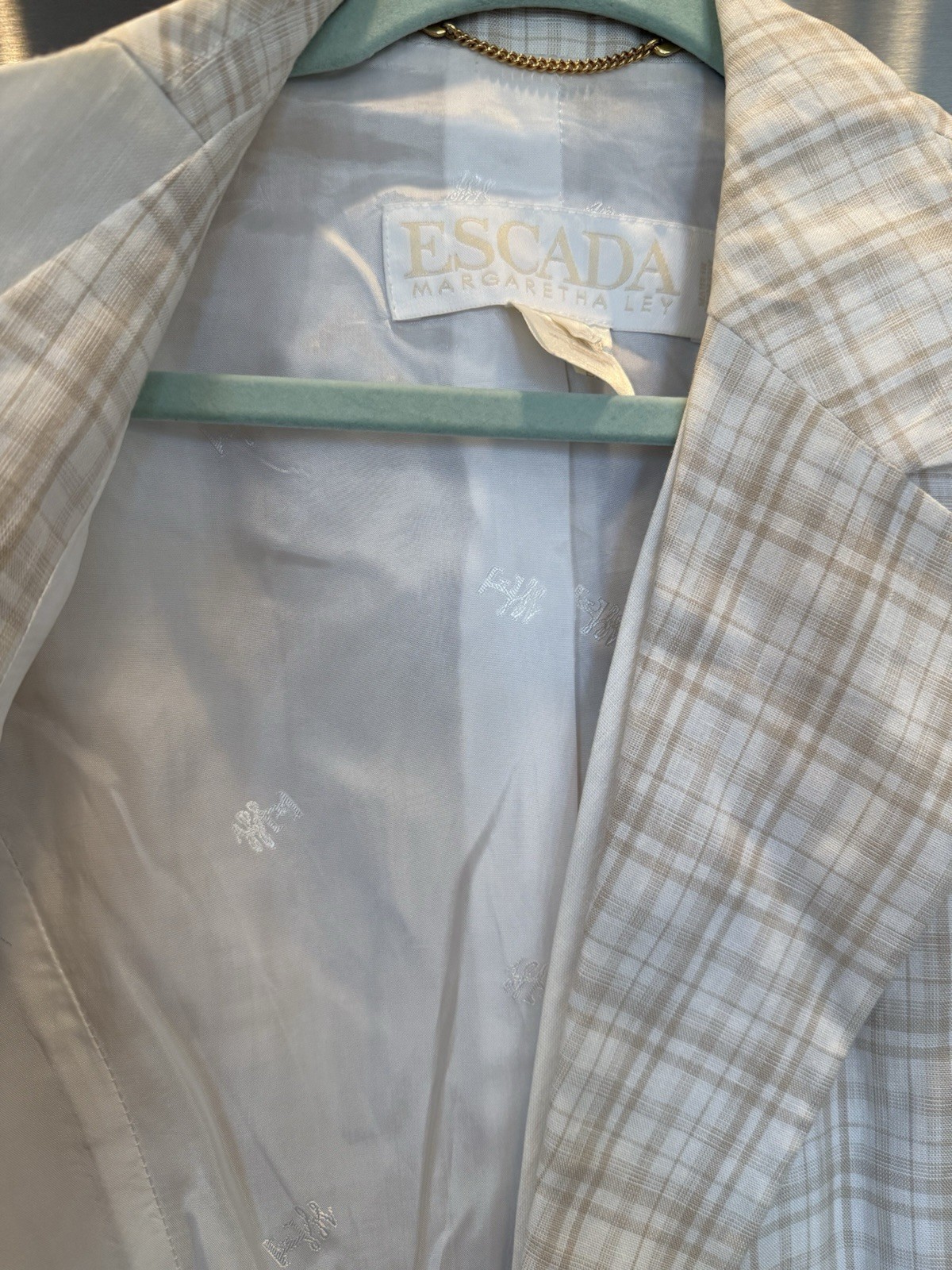 Escada Margaretha Ley 100% Linen Plaid Blazer Beige White Gray Size 34