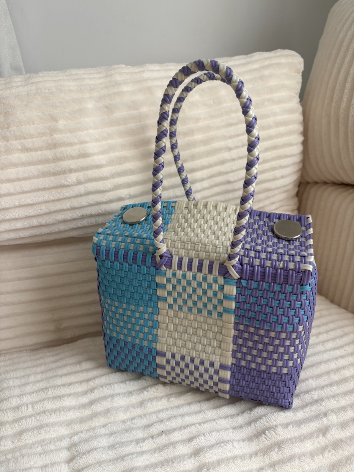 Handmade Mexican Plastic Tote Bag with Geometric Braided Handles