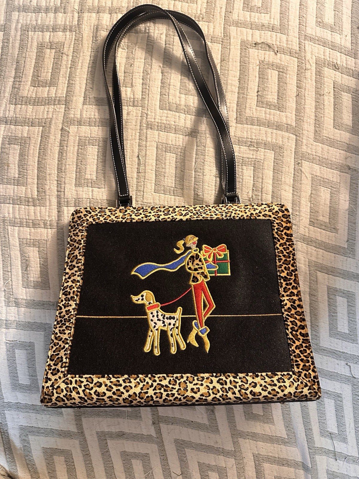 Vintage Retro Mary France Black Leopard Print Embroidered Woman Dog Hand Bag