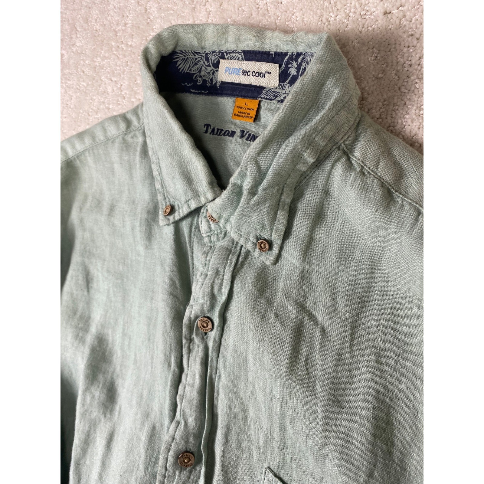 Tailor Vintage Linen Shirt Mens L Sage Green Long Sleeve Button Down Spots Noted