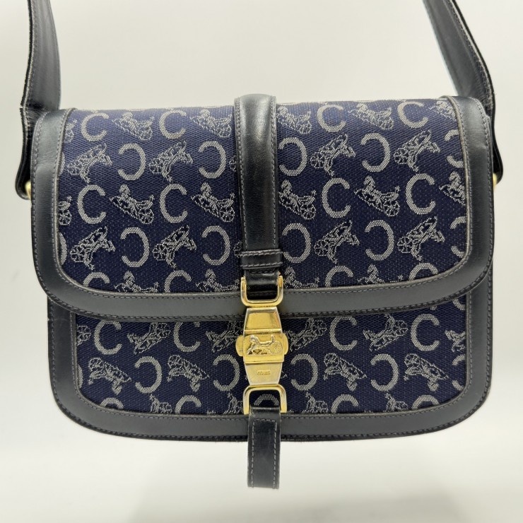 CELINE Sulky C Macadam Vintage Shoulder Bag Navy Canvas and Leather Gold-ton…