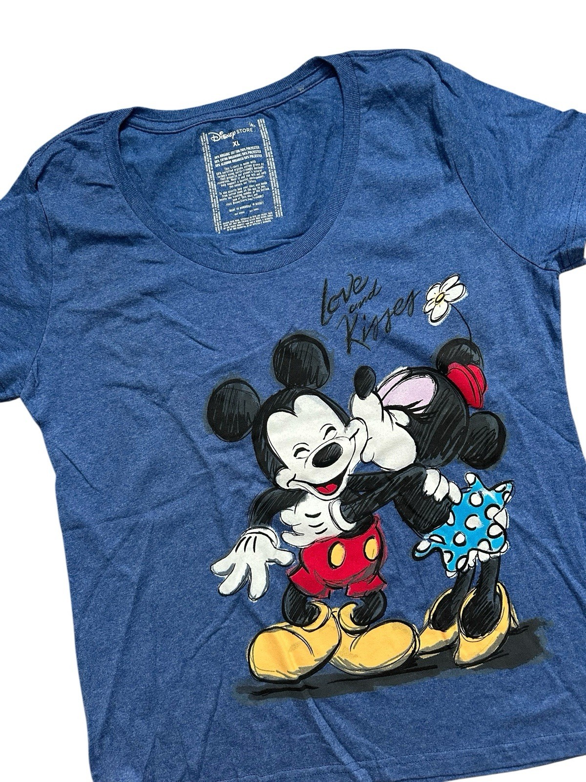 Retired Disney Store Love and Kisses Minnie & Mickey T-shirt Blue Shirt Size XL