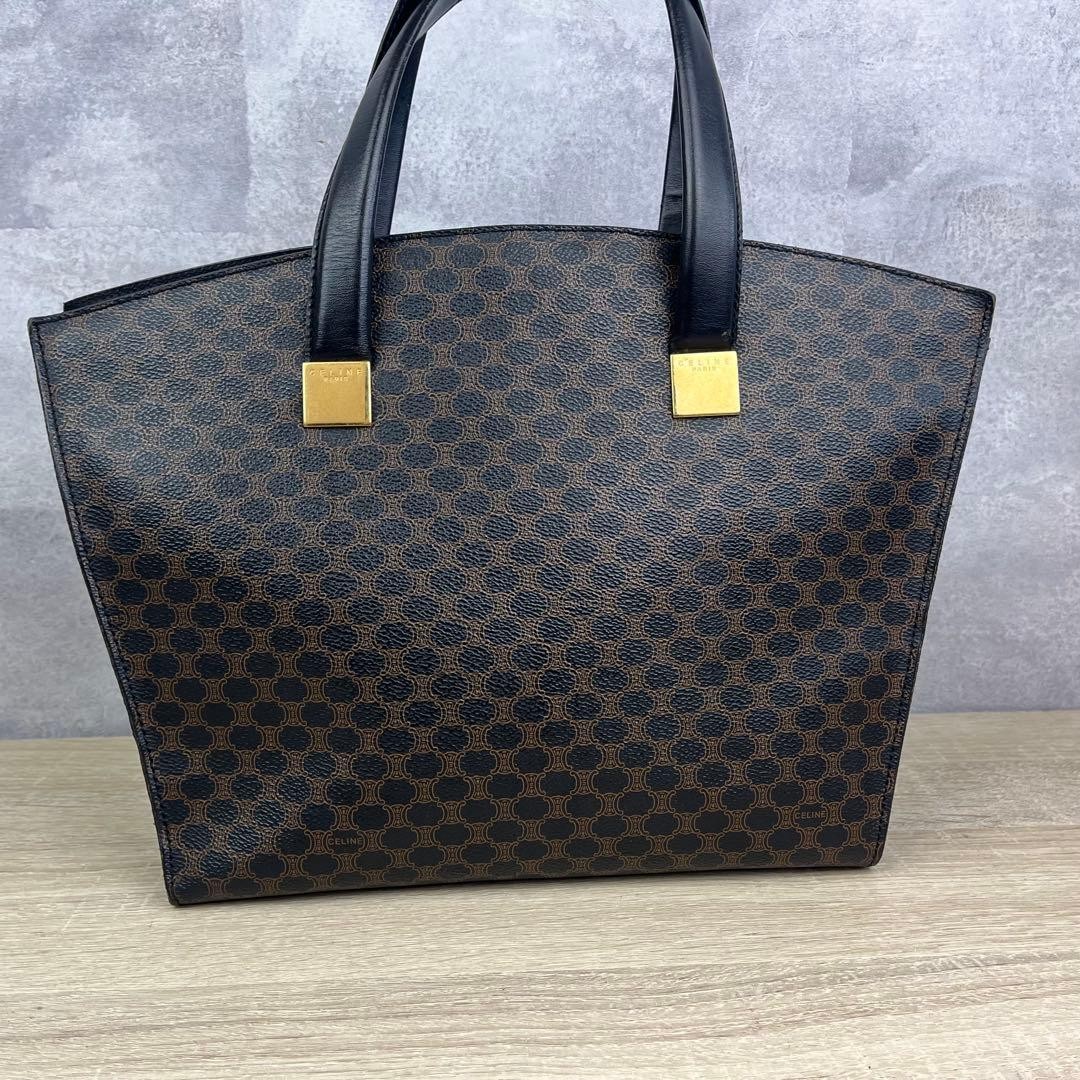 CELINE Macadam Pattern Leather Tote Handbag Dark Brown Gold Hardware Women