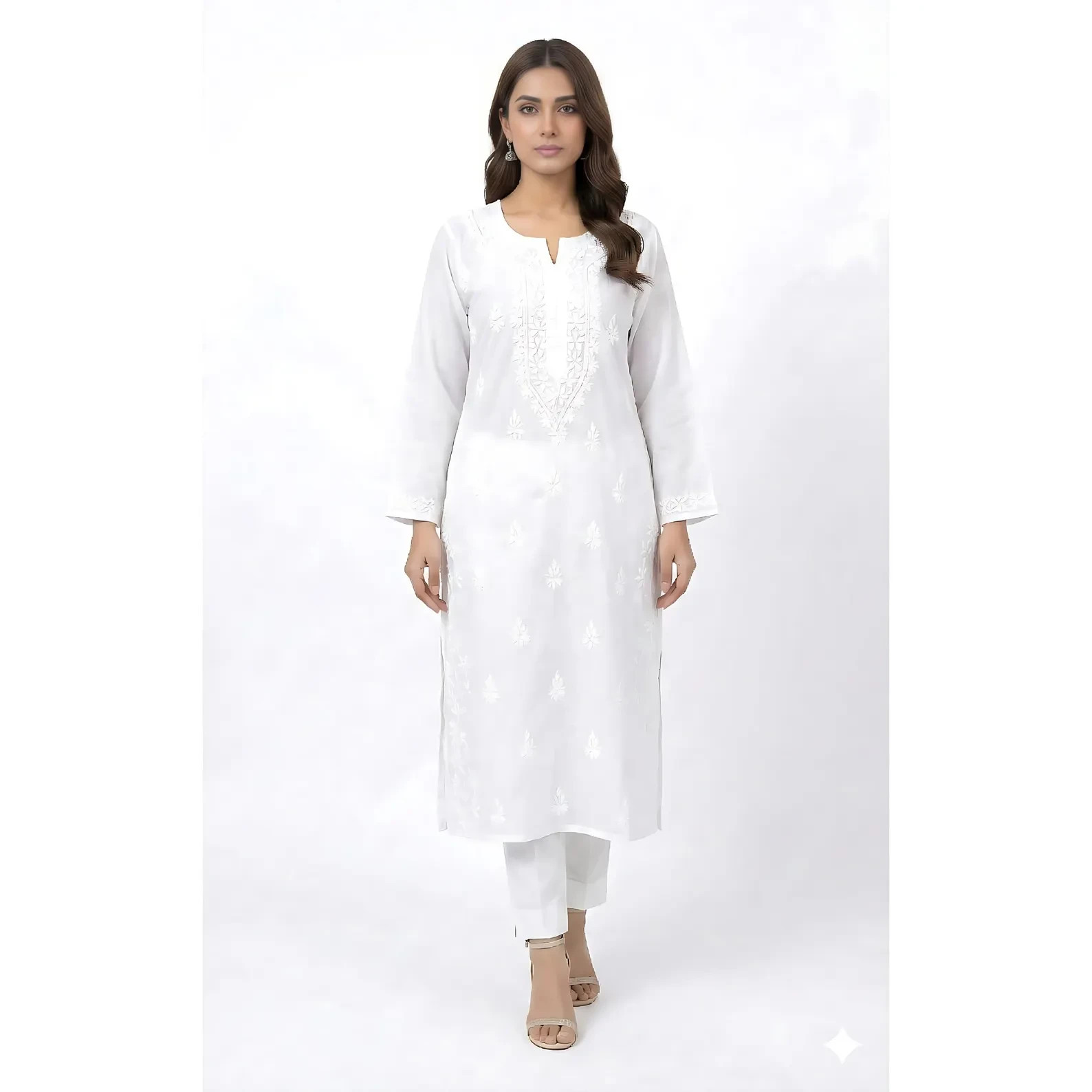 White Hand Embroidered Cotton Kurti: White Straight Cotton Salwaar Kameez Women