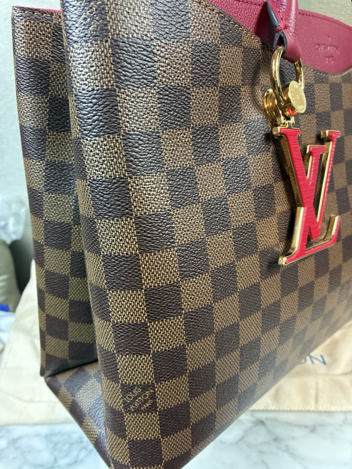 Louis Vuitton LV Damier Ebene Riverside Tote w/ Magenta Leather & LV Charm – NWT