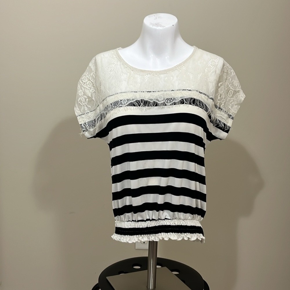 Charlotte Russe Black & White Striped Top with Lace Yoke Size Small