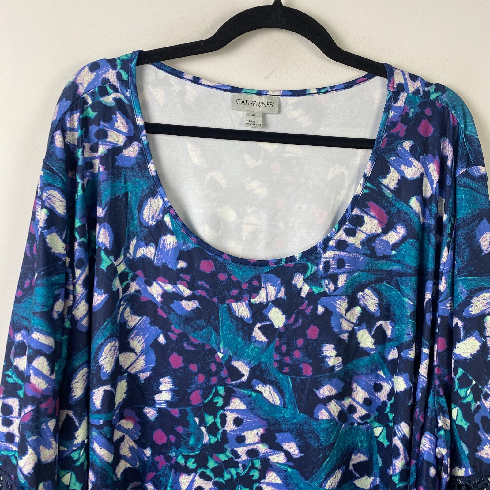Catherines Dream Drape Bella Crochet Trim Top Size 4X Blue 3/4 Bell Sleeve