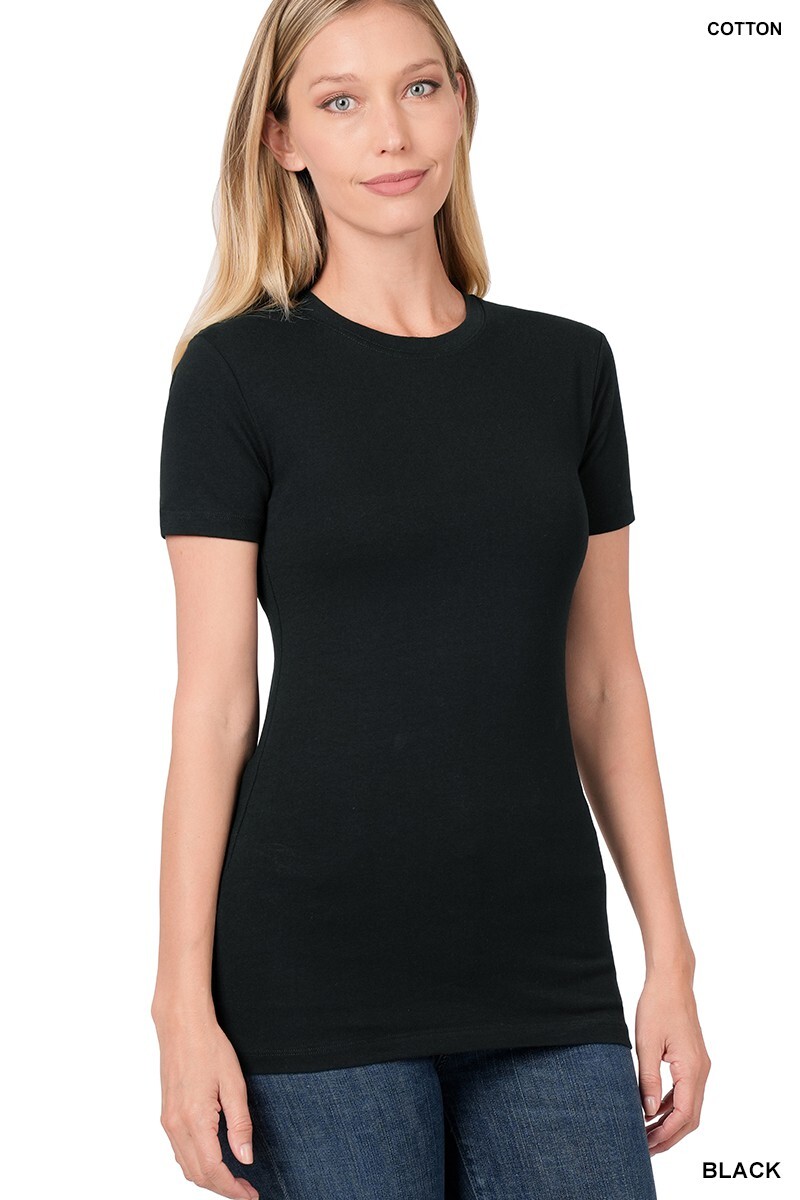 SHORT SLEEVE CREW NECK Basic Women T-Shirt Cotton Long Top Fitted Plain Stretch