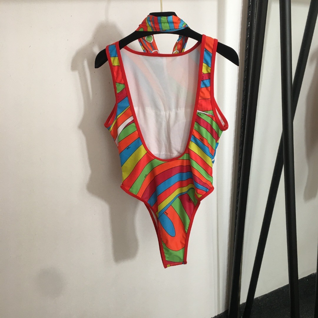PuccI’s new color-blocked abstract print one-piece swimsuit with scarf, size M