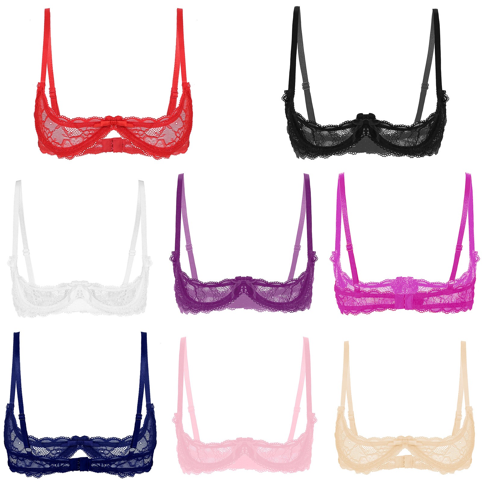 Womens See Through Lace Straps 1/4 Cups Push Up Underwire Bra Tops Nightwear
