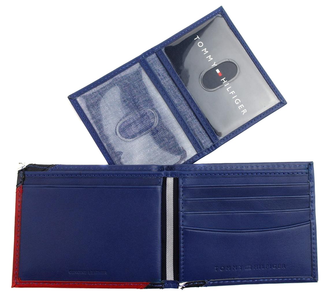 Tommy Hilfiger Men’s Leather Wallet Passcase Billfold Red Navy 31TL22X051