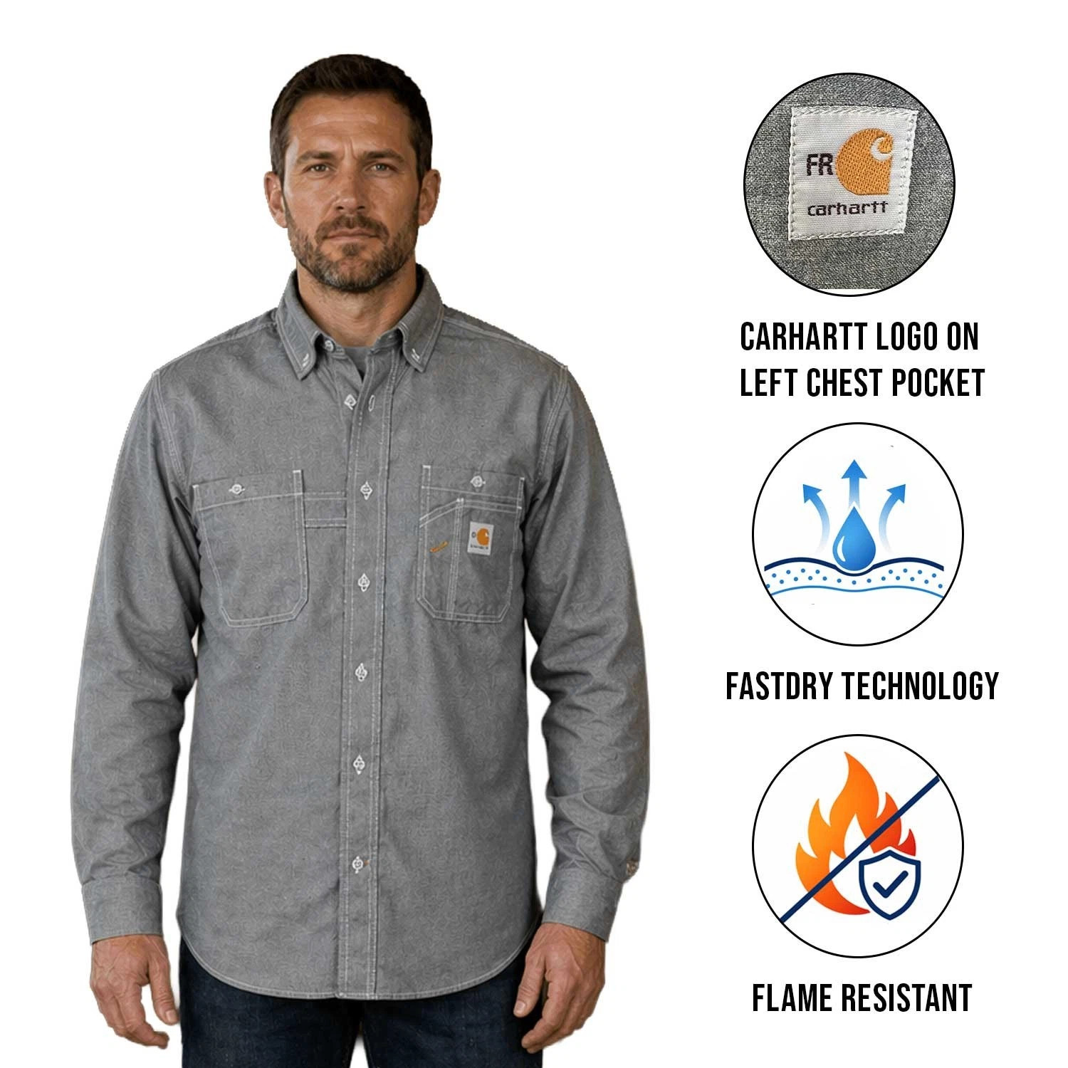 Carhartt FR Men’s Grey Shirt Flame Resistant Long Sleeve Lightweight (S01)