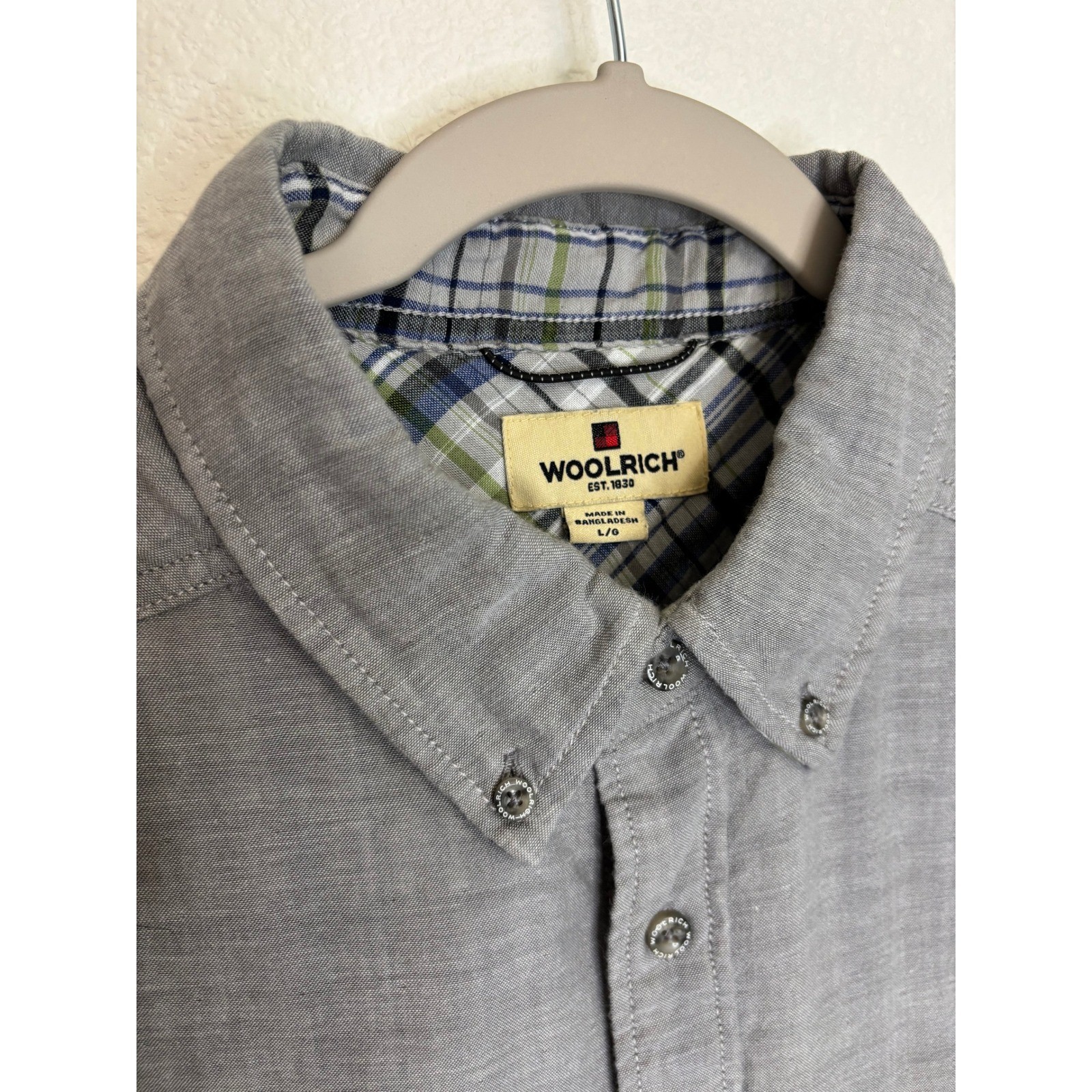2 Woolrich Mens Button Front Shirt L Cotton Long Sleeve Plaid Lined Navy Gray