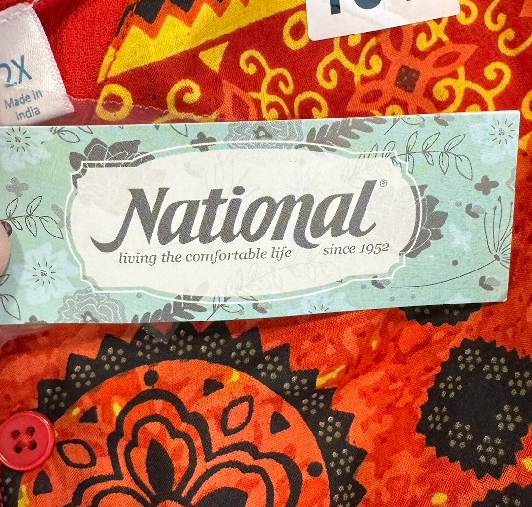 NWT National House Patio Dress Red Santa Fe 2X Crinkle Muumu Pullover Artsy Boho