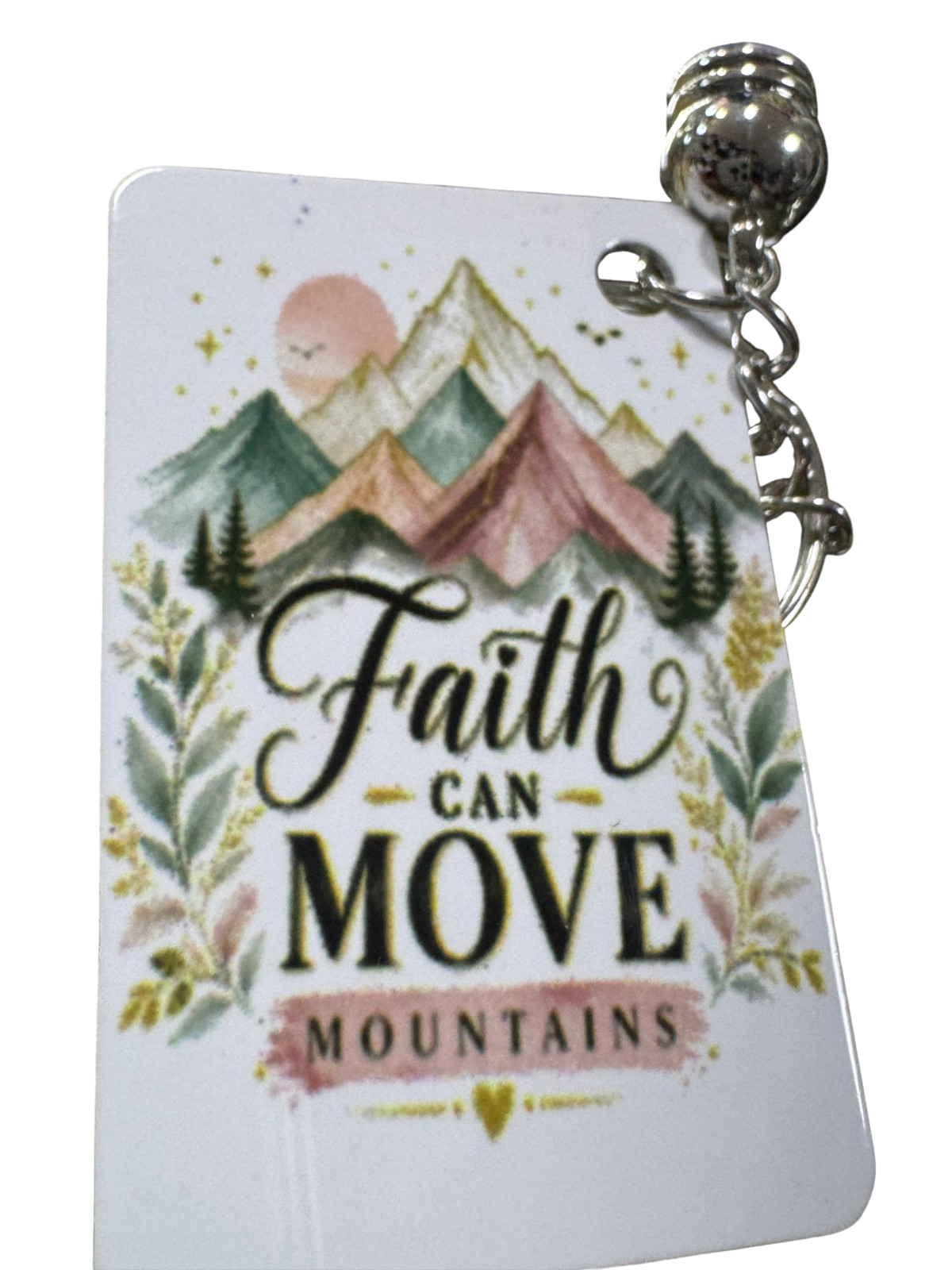 Faith Can Move Mountains Keychain, Metal, Inspirational Christian Quote with Pur