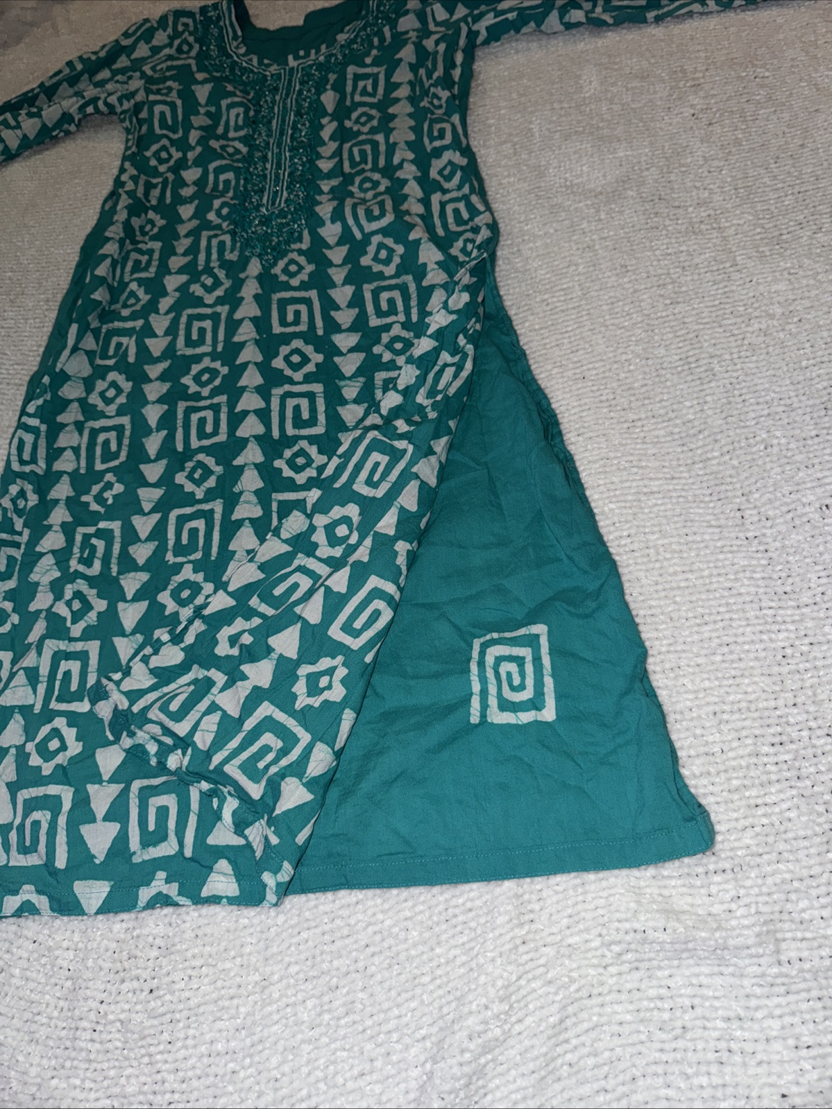 Handmade Green & White Tunic Kurta 3/4 Sleeve Flared Silhouette Pullover Dress
