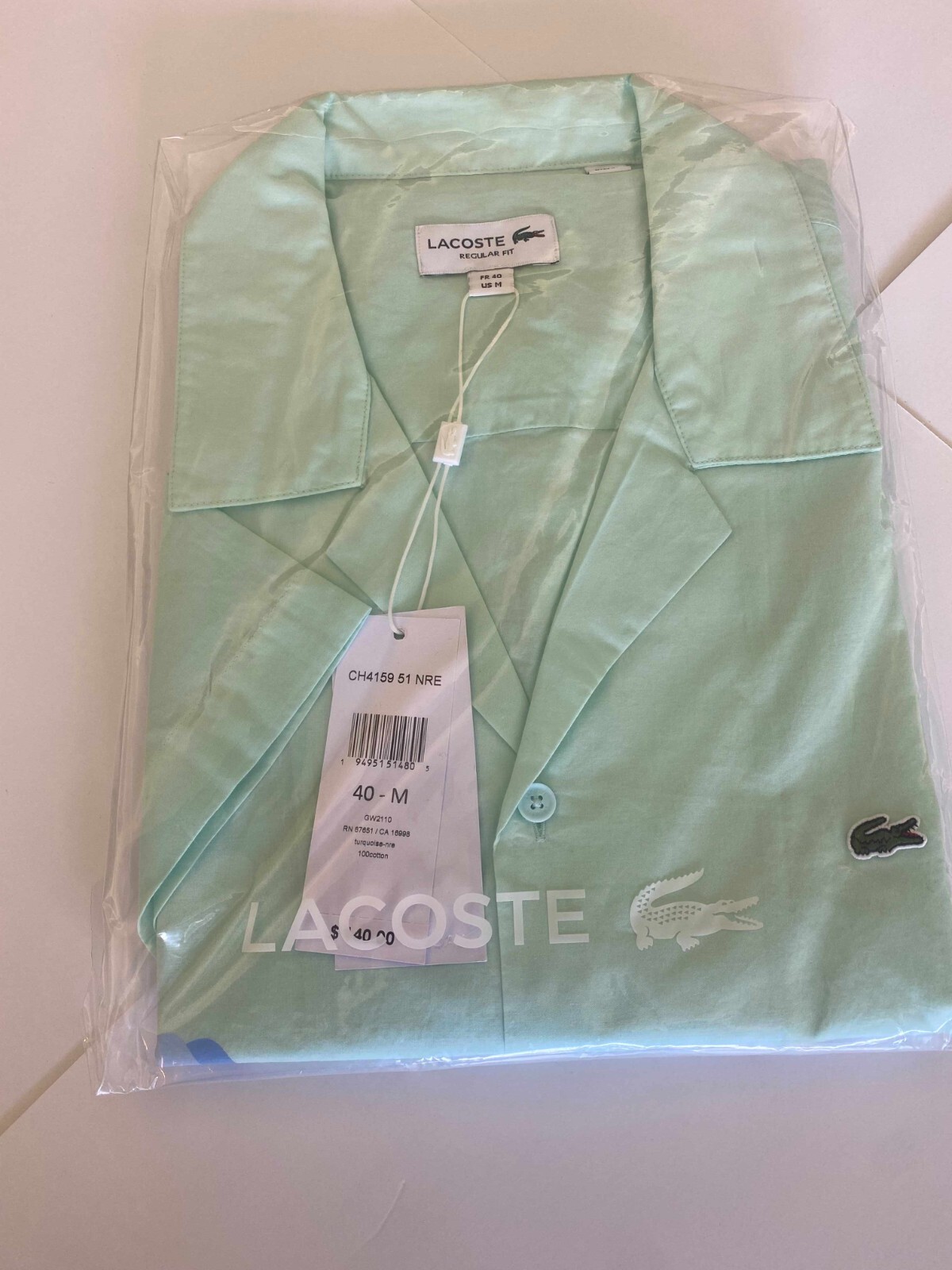 Lacoste Short Sleeve Button Down Shirt – Brand New – M-L-XL-XXL – Mint Green X