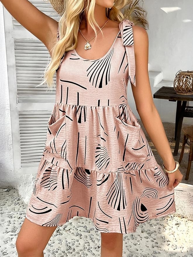 Women’s Boho Floral Ruffle Mini Dress Shoulder Tie Babydoll Pink, Size Medium