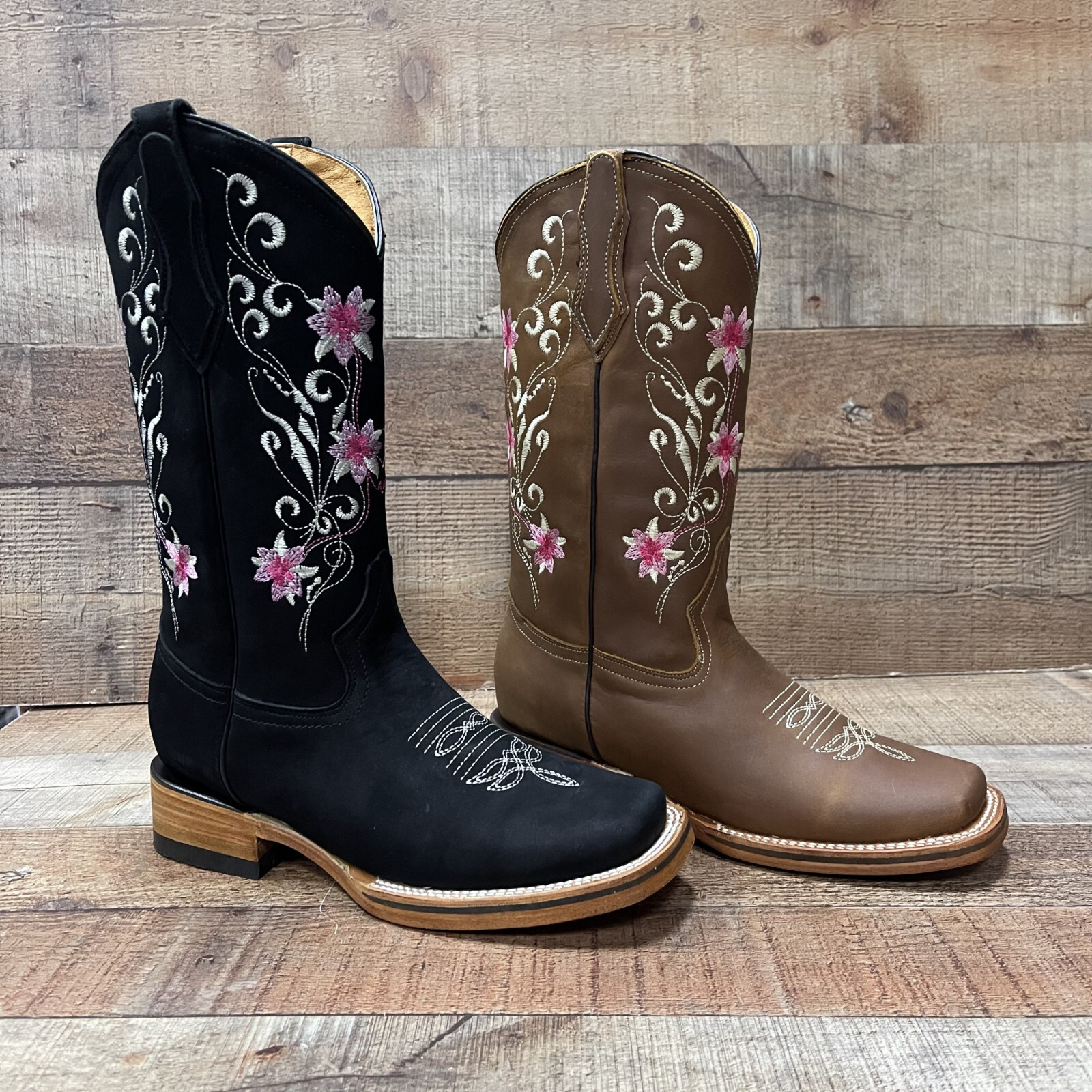 Women’s Western Rodeo Square Toe Cowgirl Boots Pink Flowers Nobuck Flor Rosa 804