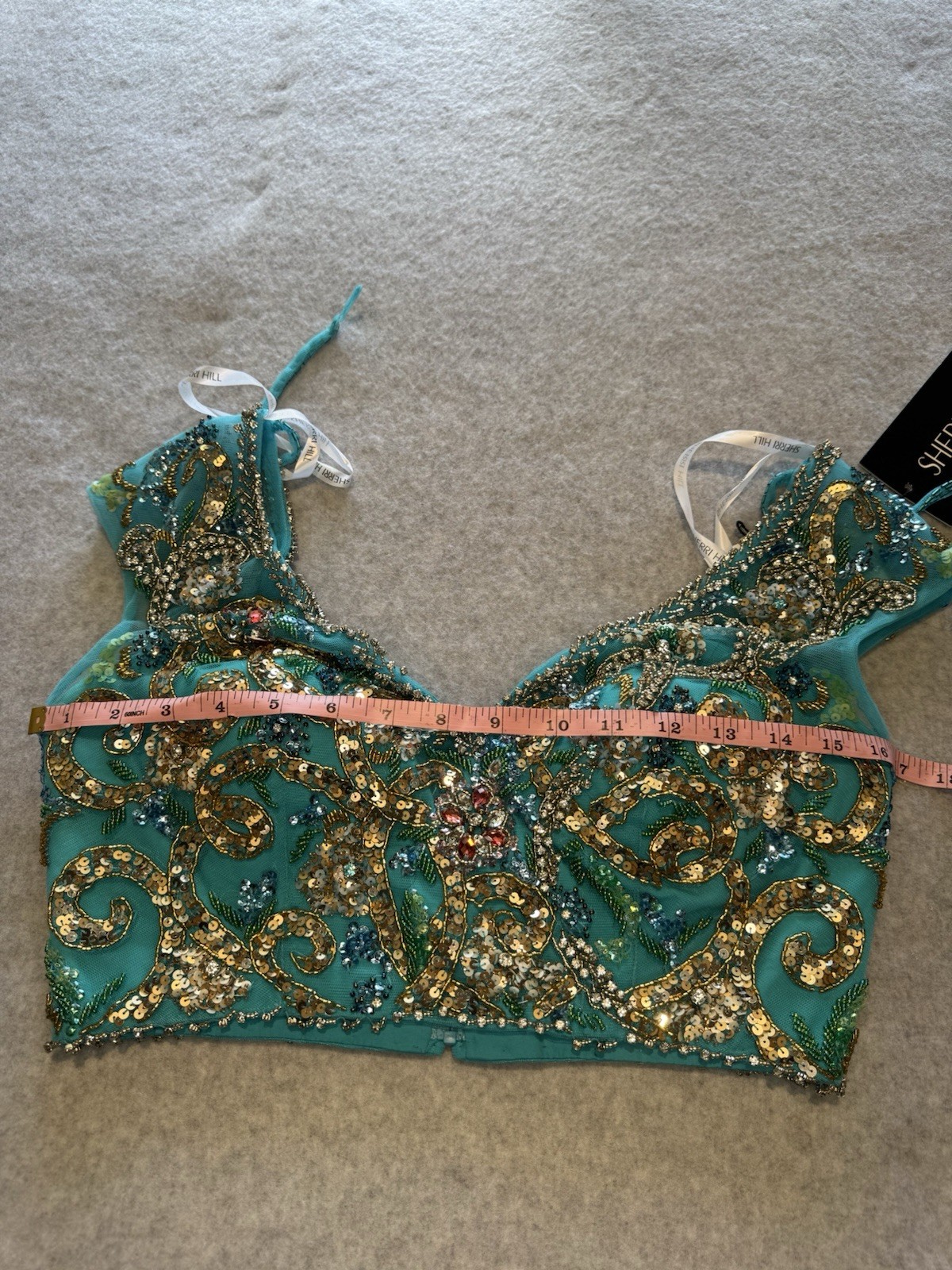 Sherri Hill Aqua Beaded Sequin Mermaid Gown V-Neck two-piece Long Formal 4