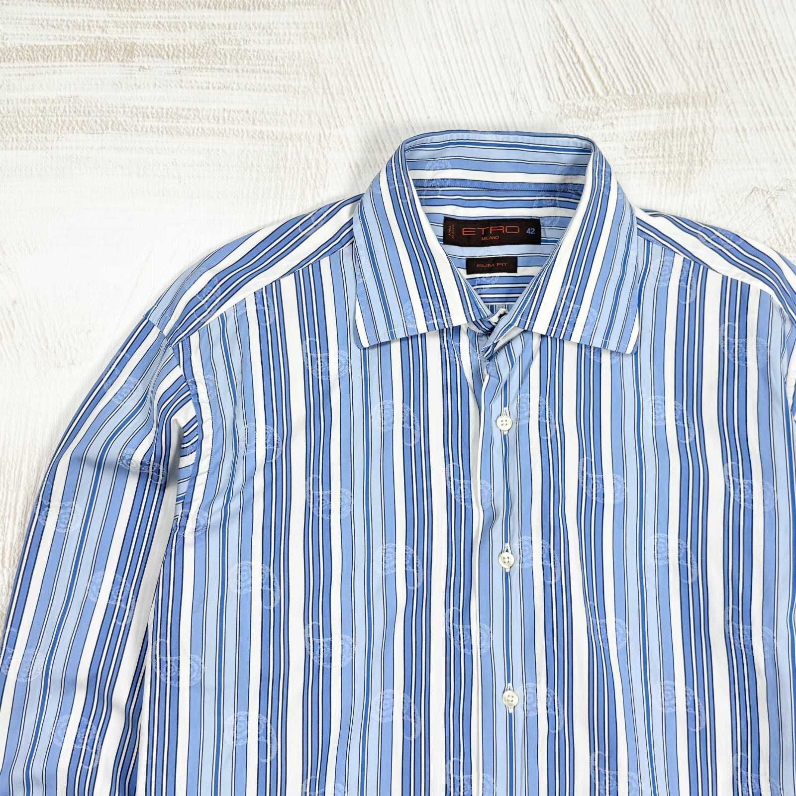 ETRO Milano Men’s Slim Fit Striped Paisley White Blue Cotton Dress Shirt 42